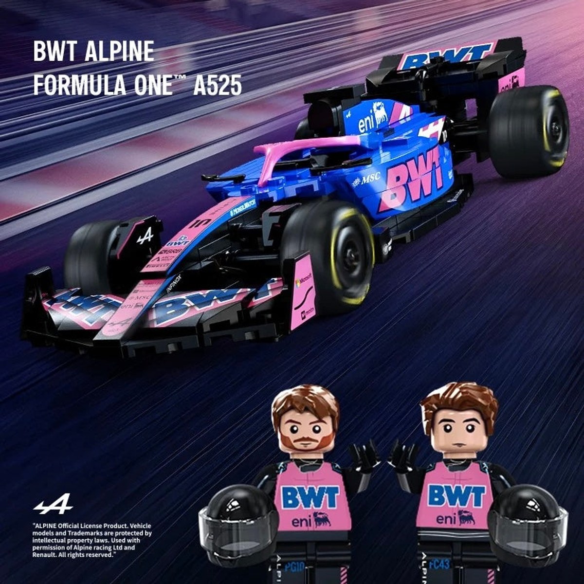 CaDA box art for the C55024 BWT Alpine F1 A525 set: the blue and pink liveried Formula 1 car on a dark track background with two driver minifigures and BWT Alpine Formula One branding printed on the image
