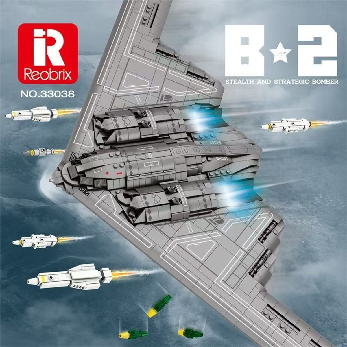 Reobrix product art for the 33038 B-2 bomber set: the grey flying-wing aircraft shown from above in flight over clouds, with the Reobrix logo and B-2 stealth bomber text printed on the image