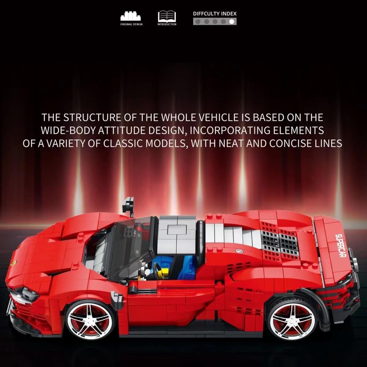 A marketing render of the Reobrix 11026 Daytona SP3 1:16 set: the red open-top sports car photographed from a front three-quarter angle on a dark studio background, with design-icon labels and a difficulty index printed along the top edge