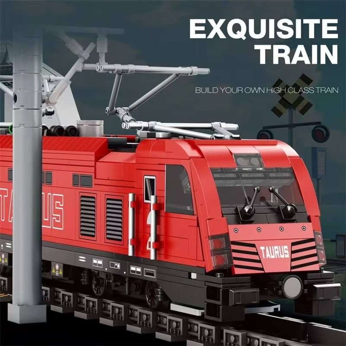 A promotional image for the Reobrix 66020 Taurus electric passenger train: the red locomotive on track beside a platform mast, with Exquisite Train and build your own high class train text printed on the image
