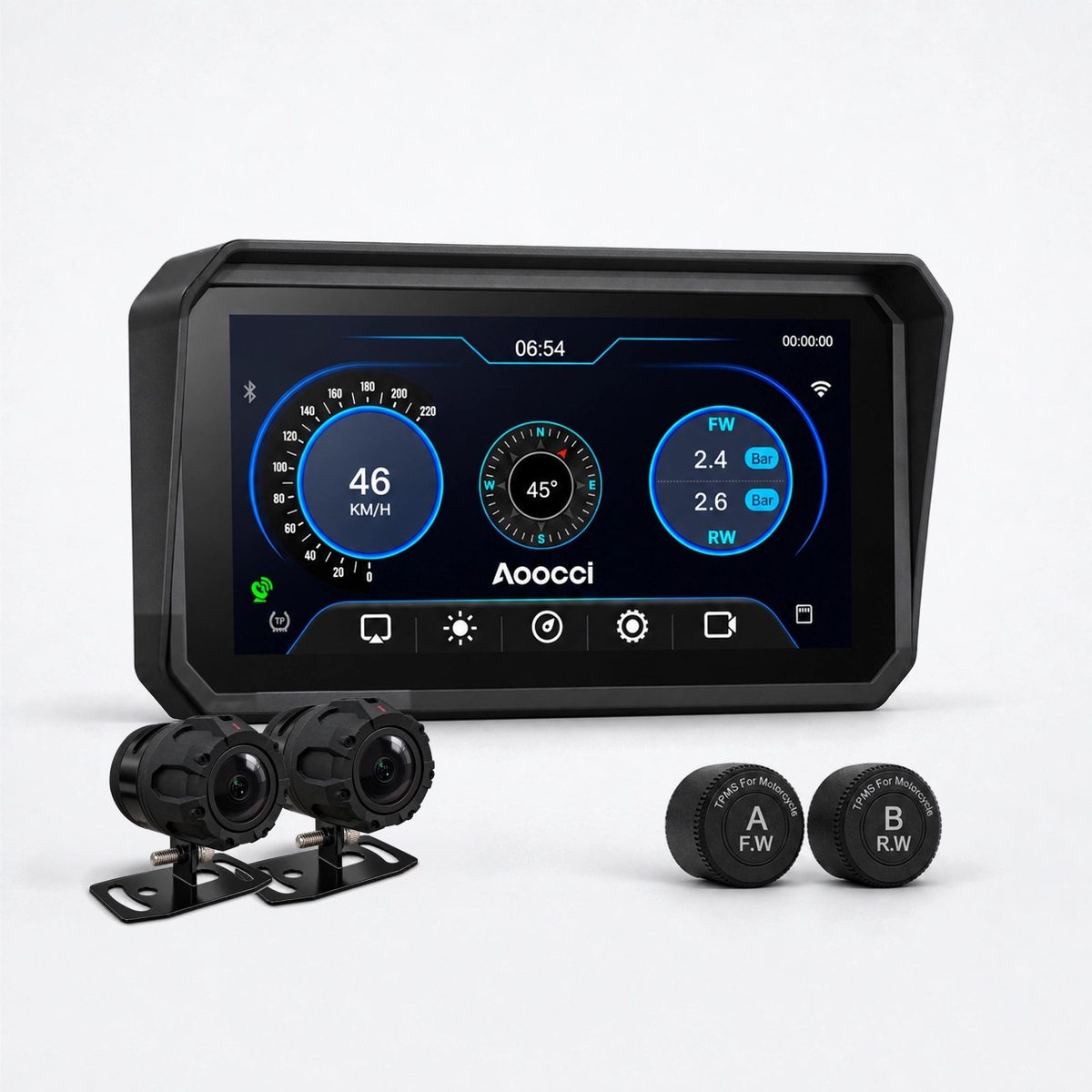 Black AOocci BM6 motorcycle display in a wide housing with an integrated visor, shown three-quarter against a white background, its screen showing a dashboard of gauge tiles reading 46 km/h with front and rear tire pressures of 2.4 and 2.6 bar; two bullet cameras and two TPMS valve caps sit in front