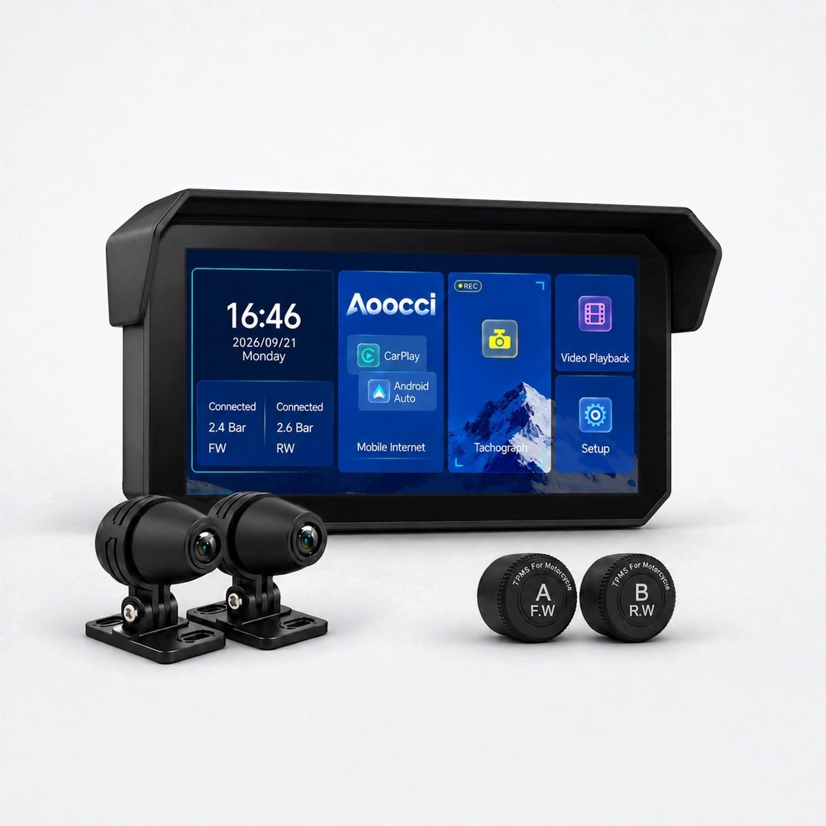 Black AOocci C9 Pro Max motorcycle display with an attached sunshade visor, shown against a white background, its 6-inch screen showing a blue AOocci home screen with a clock reading 16:46, CarPlay and Android Auto tiles, connected front and rear tire pressures of 2.4 and 2.6 bar, and video-playback, mobile-internet and setup tiles; two bullet-shaped black cameras and two round valve-cap TPMS sensors labeled A F.W and B R.W sit in front of it