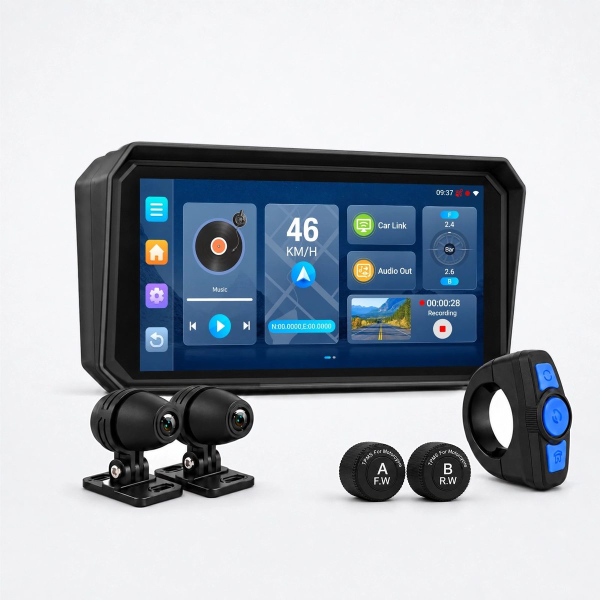 Black AOocci U6 Android motorcycle navigator against a white background, its 6-inch screen showing a blue multi-panel dashboard with a music-player tile, a central speed tile reading 46 km/h, Car Link and audio-output tiles, tire-pressure readings and a recorder preview, the time 09:37 in the top bar; two bullet cameras, two TPMS valve caps and a ring-shaped handlebar remote sit in front