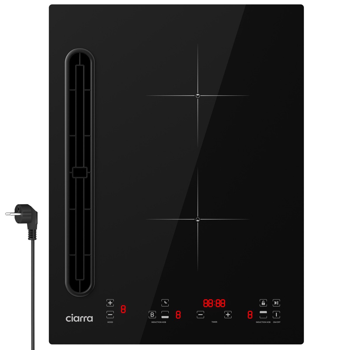 A black CIARRA 39cm 2-in-1 induction hob with an integrated extractor slot on the left side, two cooking zones, a red LED display, and its European plug visible beside the body on a white background