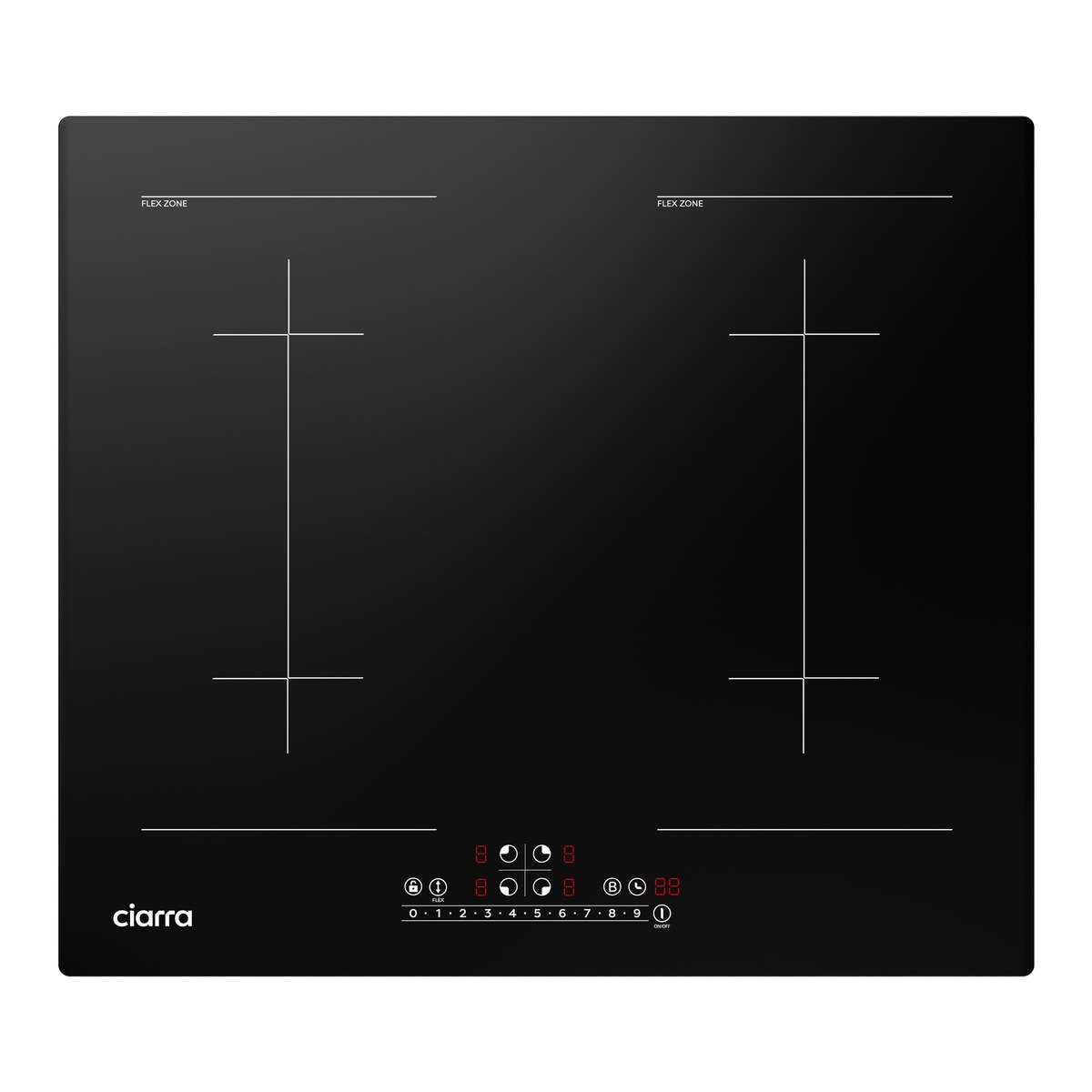 A black CIARRA built-in induction hob with four cooking zones marked by thin white outlines and a touch control row along the bottom edge, photographed from above