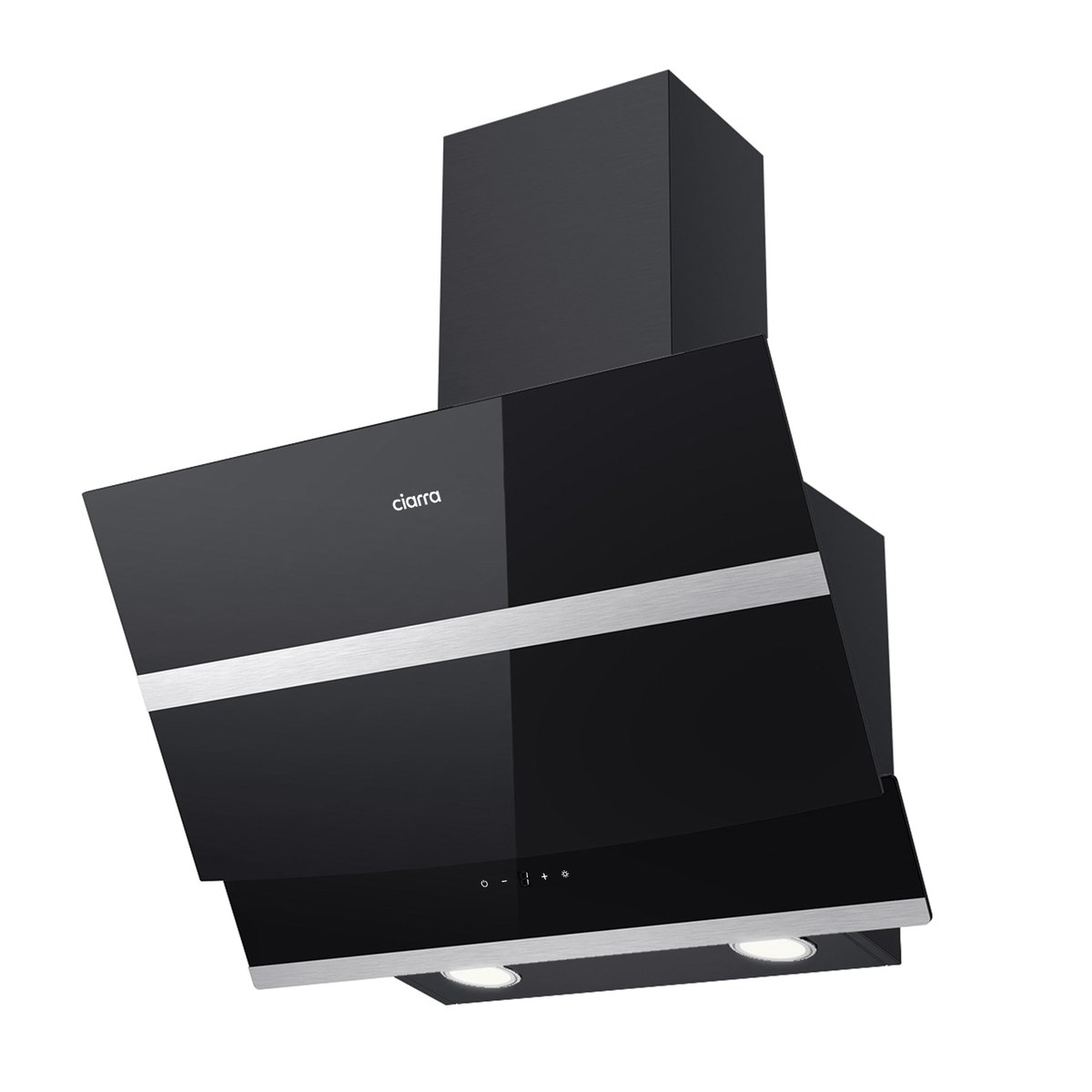 A black CIARRA 60cm angled cooker hood with a sloped glass front, a stainless steel trim strip, and two lights below the canopy, photographed at an angle on a white background