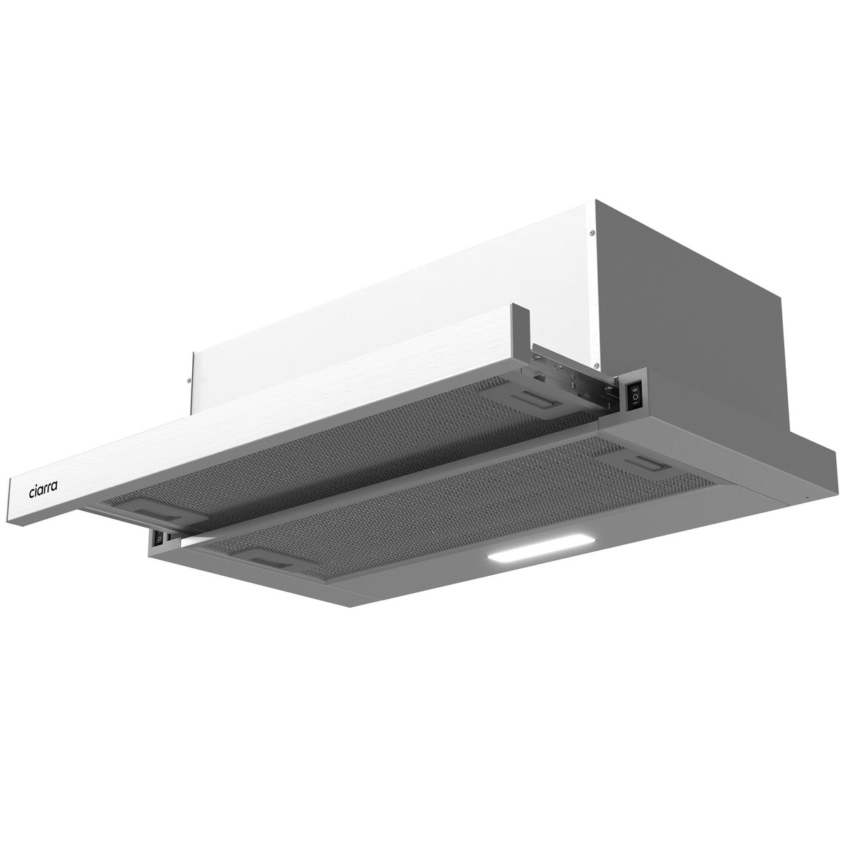 A white CIARRA 60cm integrated telescopic cooker hood shown partly pulled out from its housing, with the front glass panel and LED light bar visible, on a white background