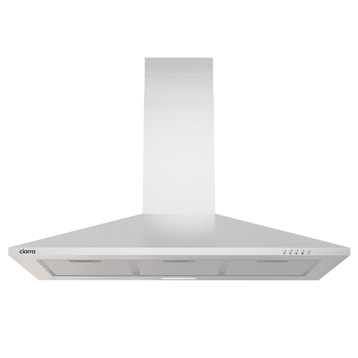 A white CIARRA 90cm wall mount cooker hood with a pyramid-shaped canopy and a rectangular chimney, photographed at a slight angle on a white background