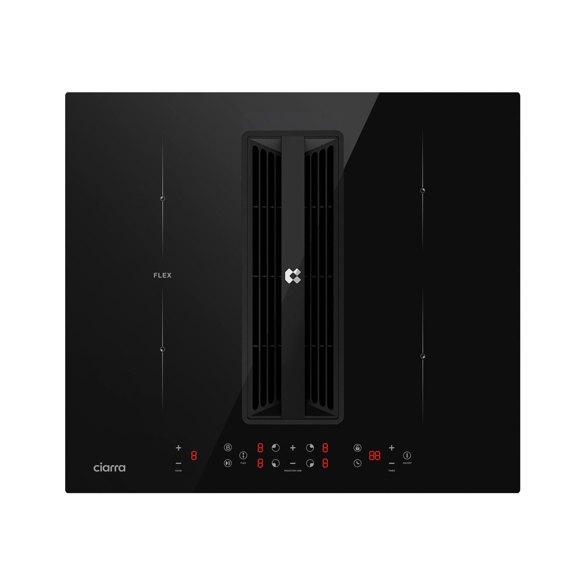 A black CIARRA ONE 590mm induction extractor hob with a central vertical extraction slot between four cooking zones and a red touch display along the front edge, photographed from above