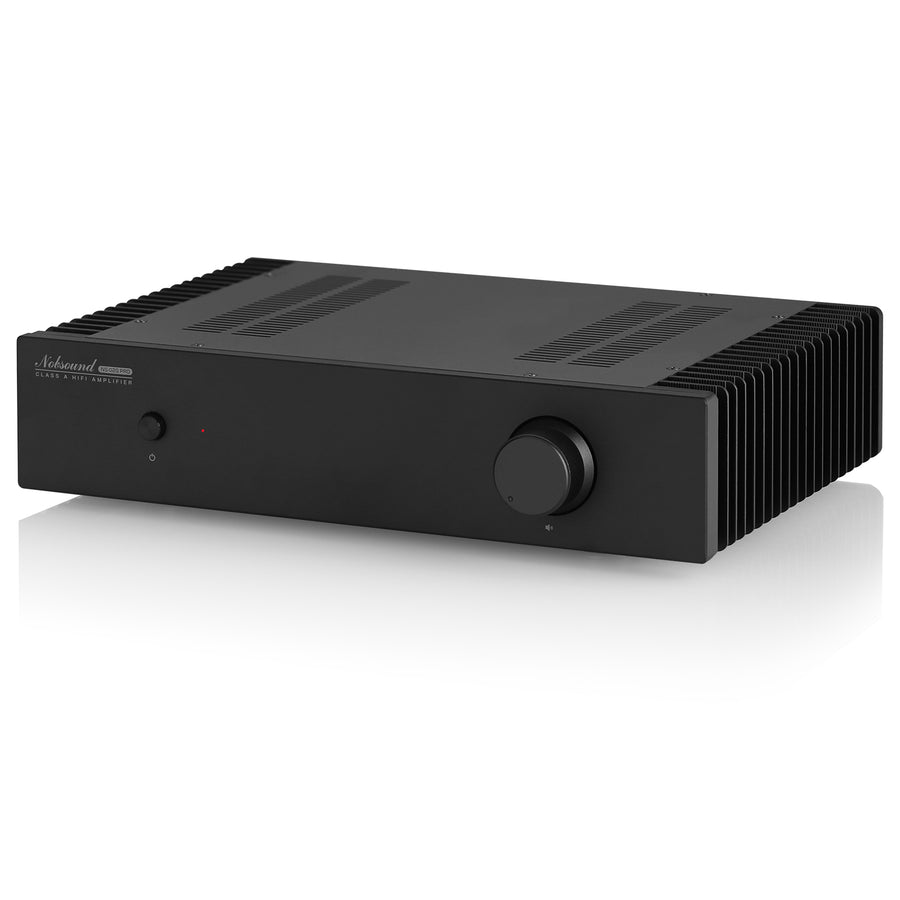 Large full-size black Class A hi-fi amplifier labeled Nobsound NS-02G PRO CLASS A HI-FI AMPLIFIER on a white background with a soft floor reflection; tall finned heatsinks run the length of both side panels, and the front face holds a small power button, a red indicator LED and one large rotary volume knob