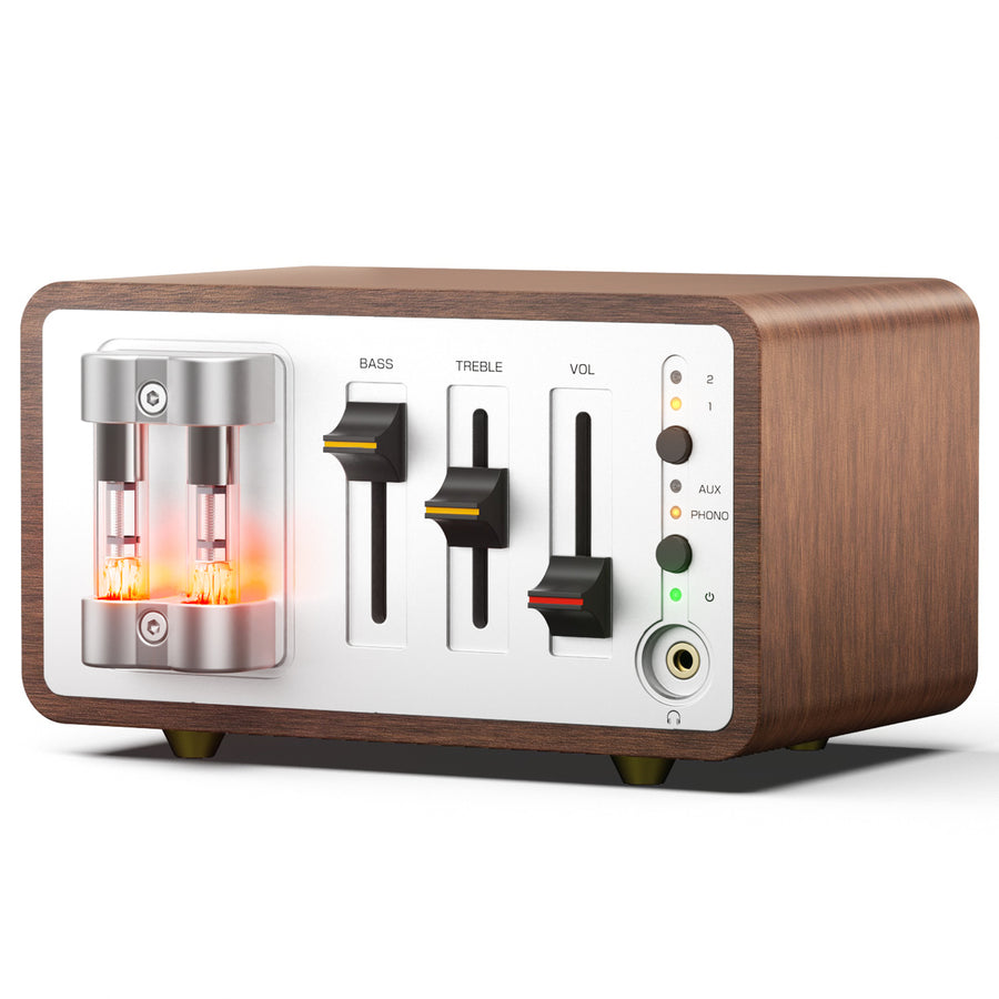 Wooden-cased tube preamp on a white background; the front face is a silver plate with two glowing vacuum tubes in a clear cage on the left, three vertical sliders labeled BASS, TREBLE and VOL, and a right-side column with numbered input LEDs, AUX and PHONO indicators, a power button and a headphone jack