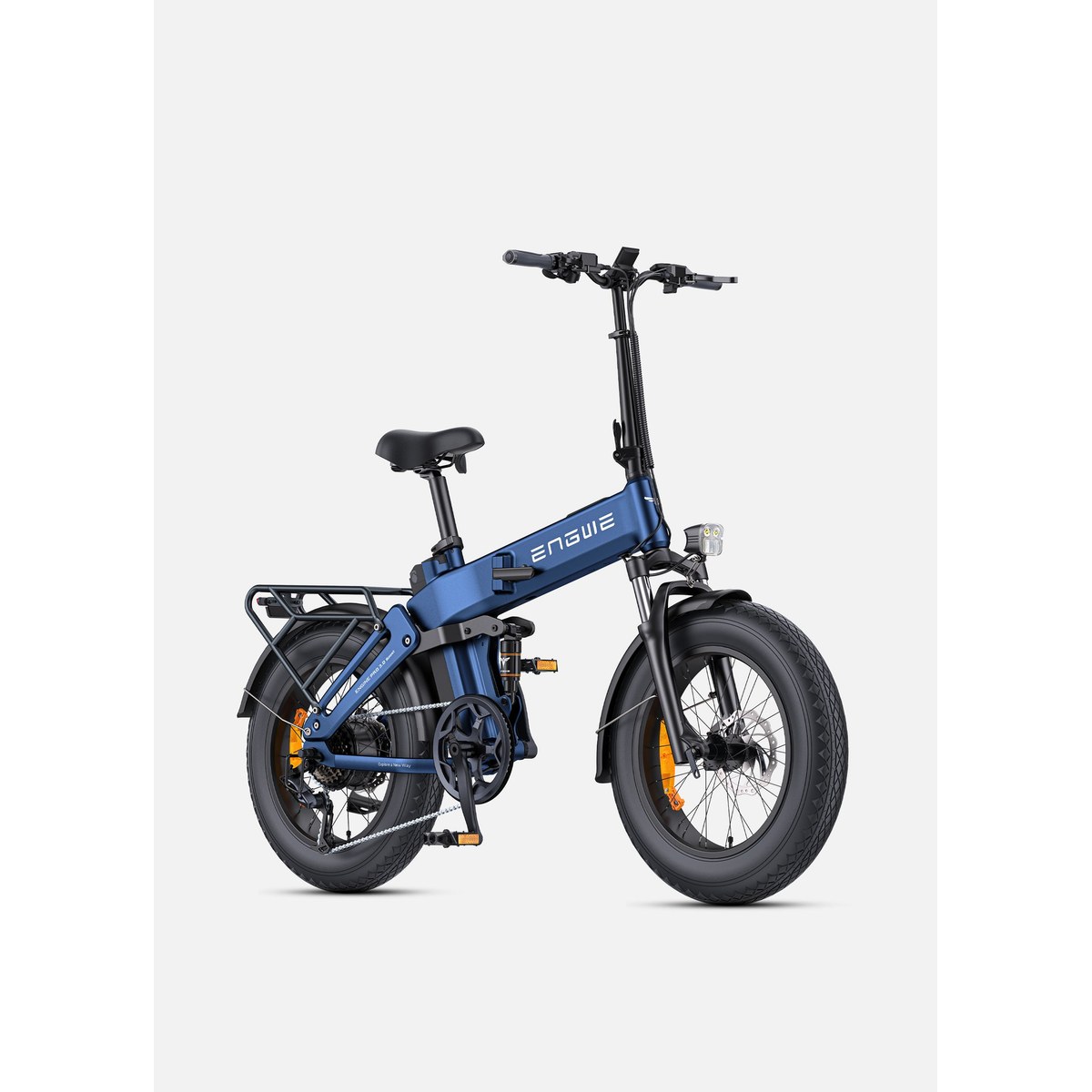 A dark gray ENGWE Engine Pro 3.0 Boost moped-style folding e-bike in three-quarter view on a white background, with fat tires, a long dual-crown style front end and visible rear suspension