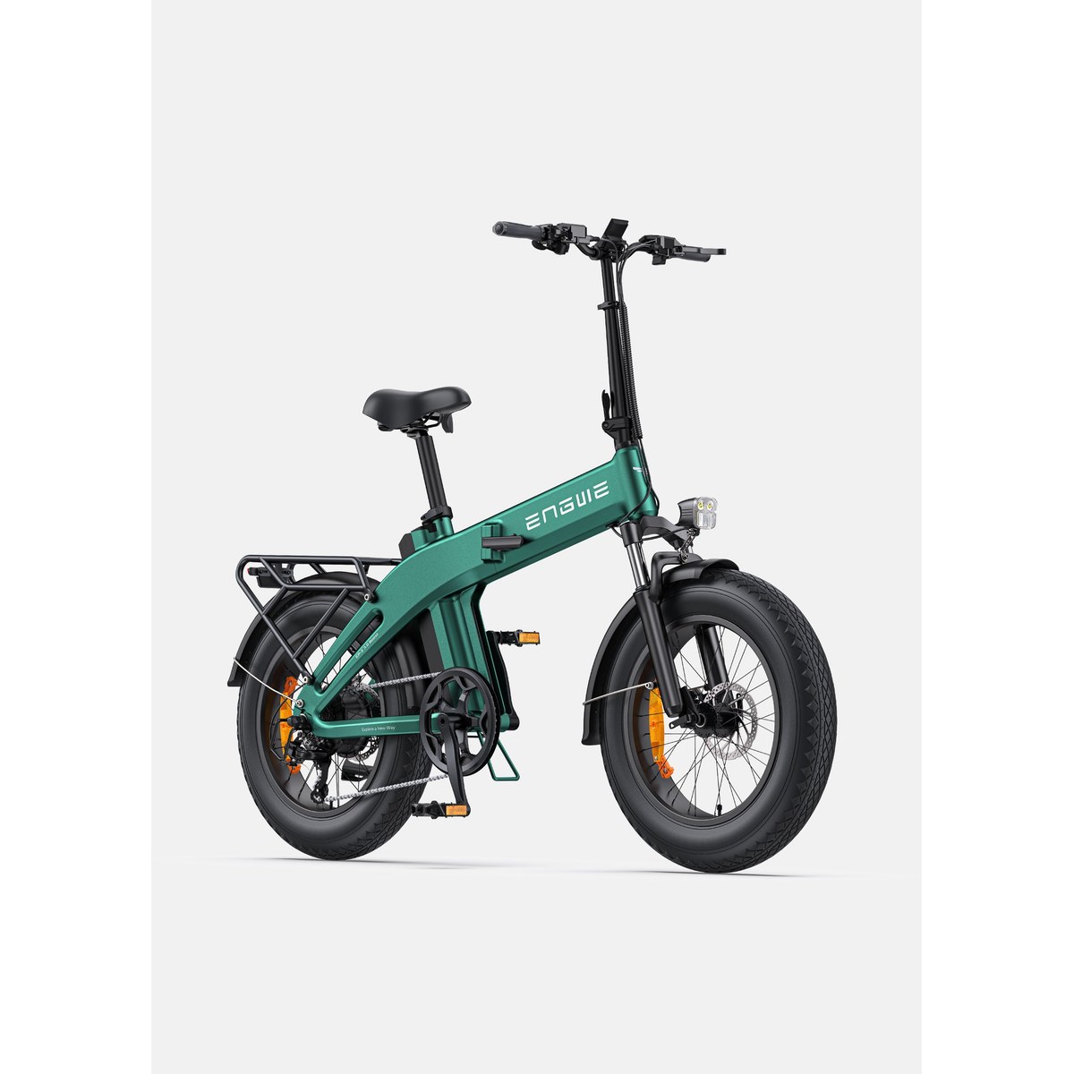 A dark green ENGWE EP-2 3.0 Boost folding fat-tire e-bike in three-quarter view on a white background, with 20-inch fat tires, a folded hinge on the frame stem and a front suspension fork