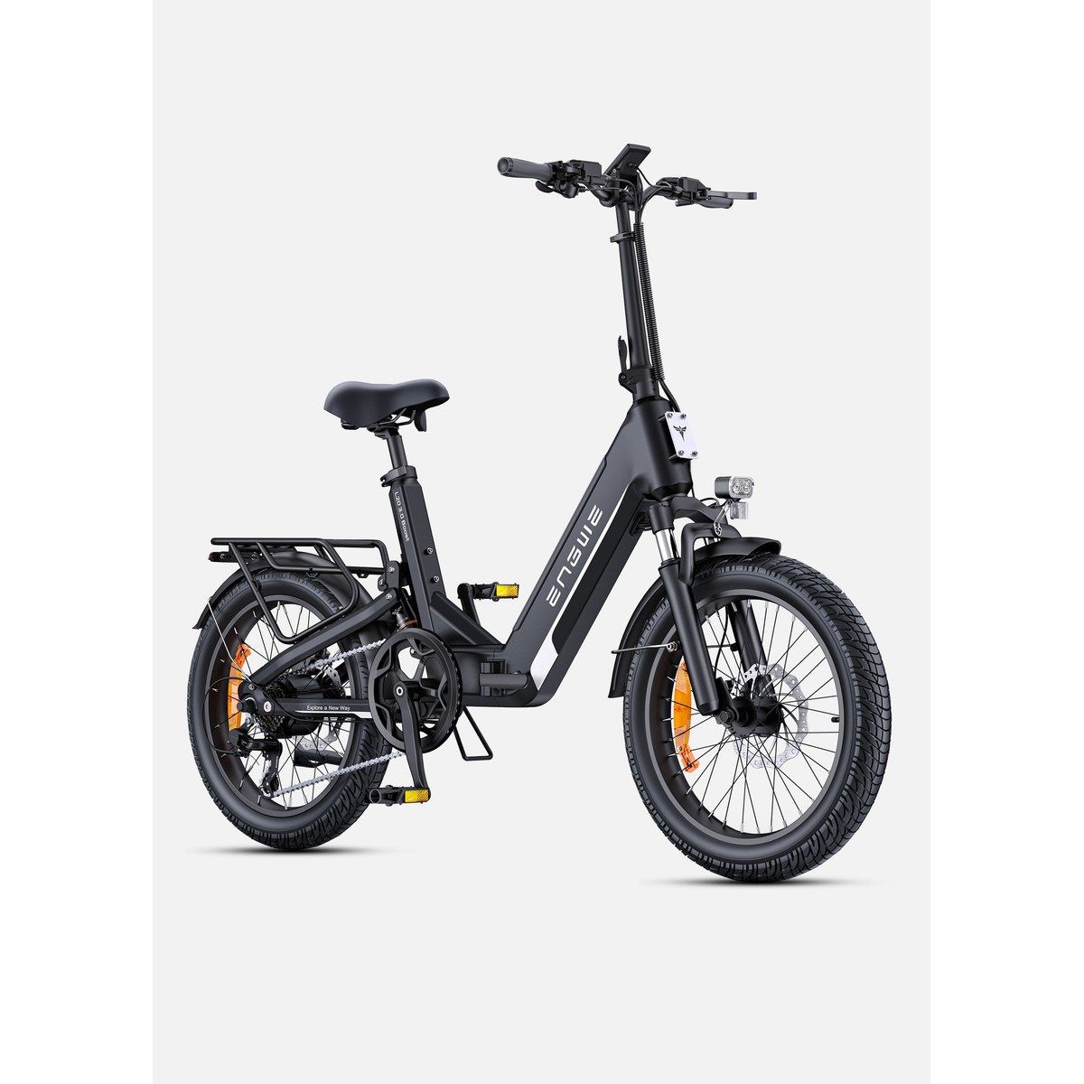 A dark green ENGWE L20 3.0 Boost folding e-bike in three-quarter view on a white background, with a step-through frame, integrated battery, full suspension and 20-inch wheels