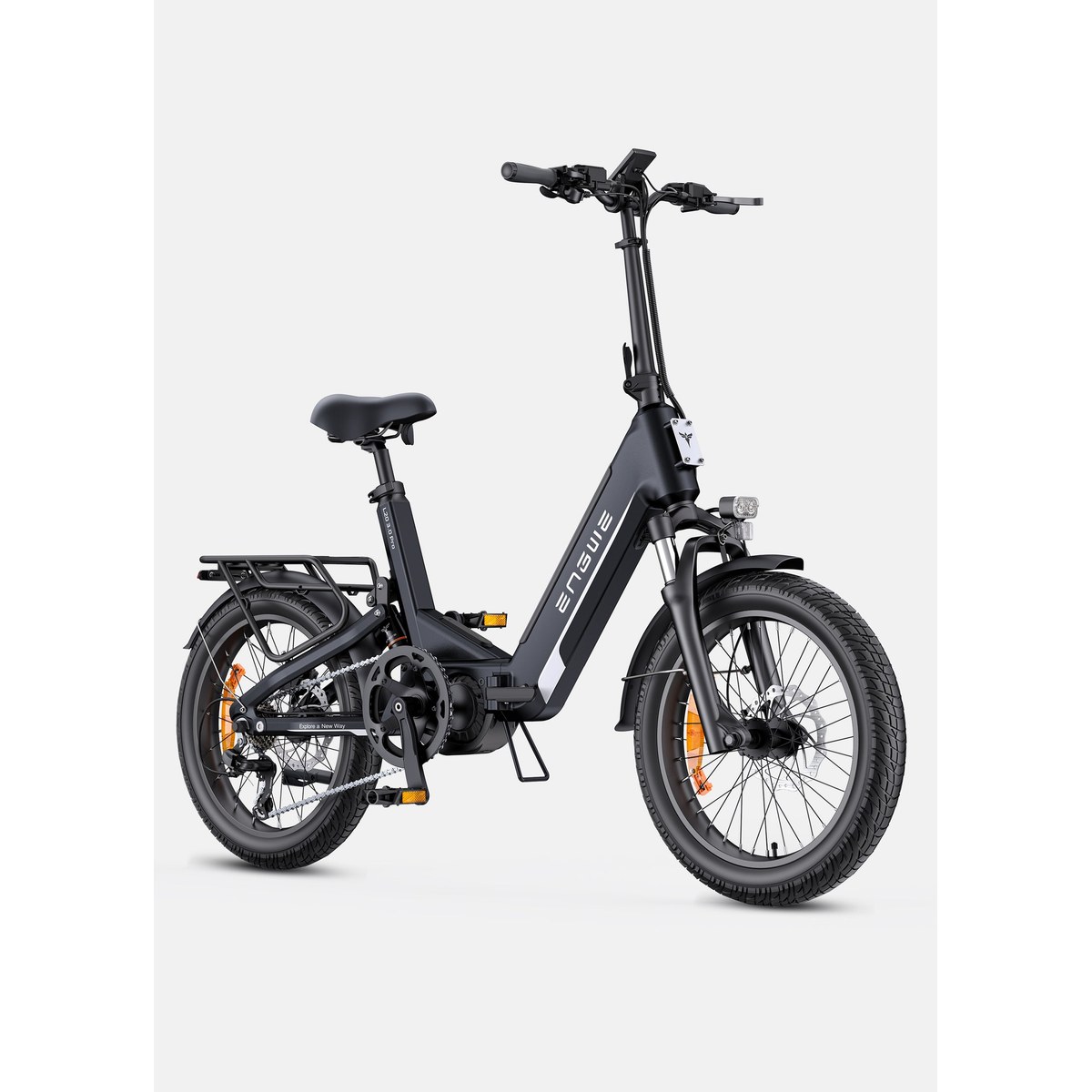 A dark gray ENGWE L20 3.0 Pro folding e-bike in three-quarter view on a white background, showing its step-through frame, integrated downtube battery, rear rack, fenders and 20-inch wheels with wide hybrid tires