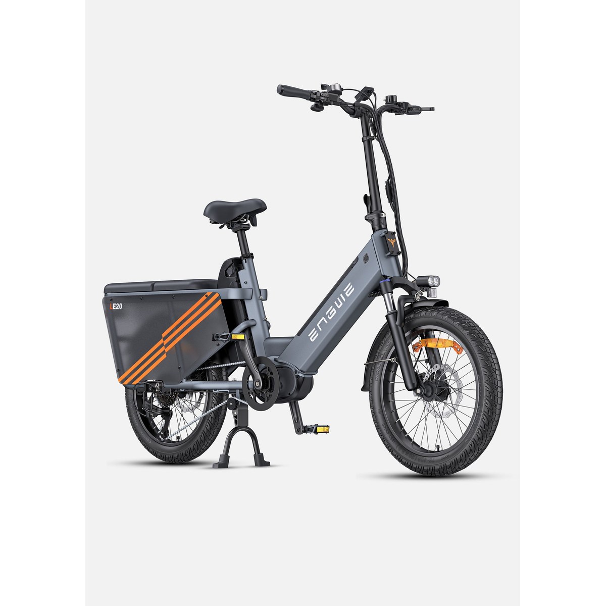 A gray ENGWE LE20 cargo e-bike in three-quarter view on a white background, with an extended rear cargo rack, 20-inch fat tires, a step-through frame and a rear turn signal light