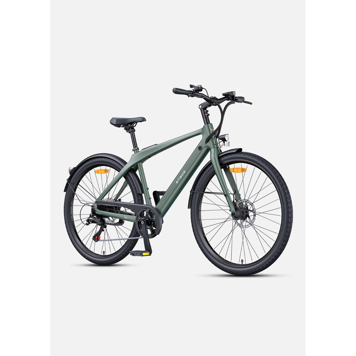 A charcoal gray ENGWE N1 Air urban e-bike in three-quarter view on a white background, with thin 700c road-style wheels, a straight carbon fiber frame and a single chainring