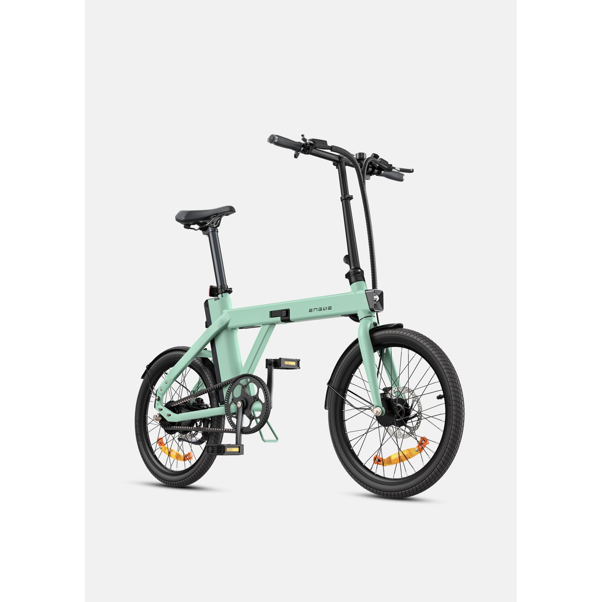 A dark gray ENGWE P20 compact folding e-bike in three-quarter view on a white background, with small 20-inch wheels, narrow city tires, a low step-through frame and a dark belt drive without a chain guard