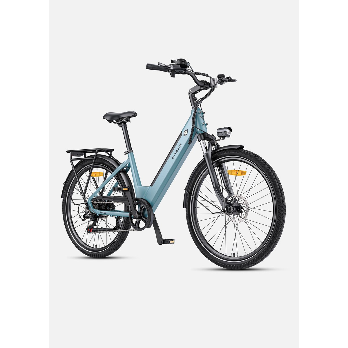 A dark gray ENGWE P275 SE city commuter e-bike in side view on a white background, with 27.5-inch wheels, a classic diamond frame, a rear rack, fenders and a chain guard