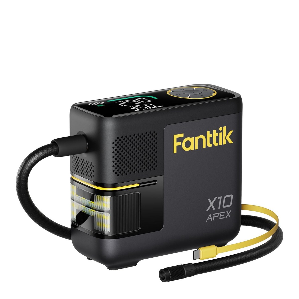Dark gray Fanttik X10 APEX tire inflator lying at an angle on a white background, X10 APEX printed in gray on its side panel and Fanttik in yellow above it, a top screen showing two pressure figures under a teal gauge arc, a yellow-ringed control pad on the top face, a braided black air hose exiting the left end, and a coiled yellow charging cable lying in front