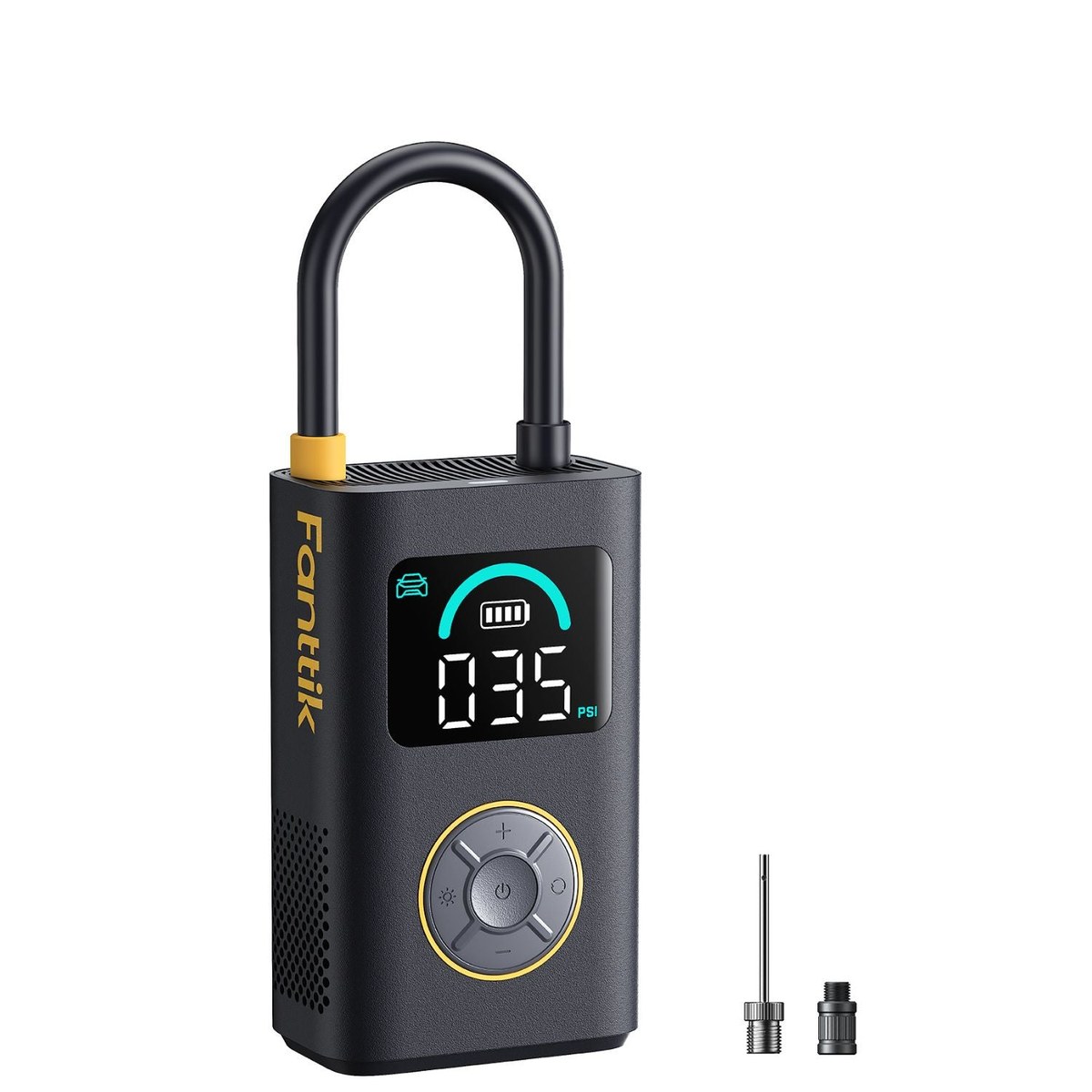 Black Fanttik X10 Pro tire inflator upright on a white background, a black carry-hoop rising from the top with a yellow collar at its left base, a screen showing a teal gauge arc over a battery icon and the figure 035 PSI, a car icon in the screen's upper left, a round control pad with a yellow ring below, and a ball needle and screw-on adapter beside it