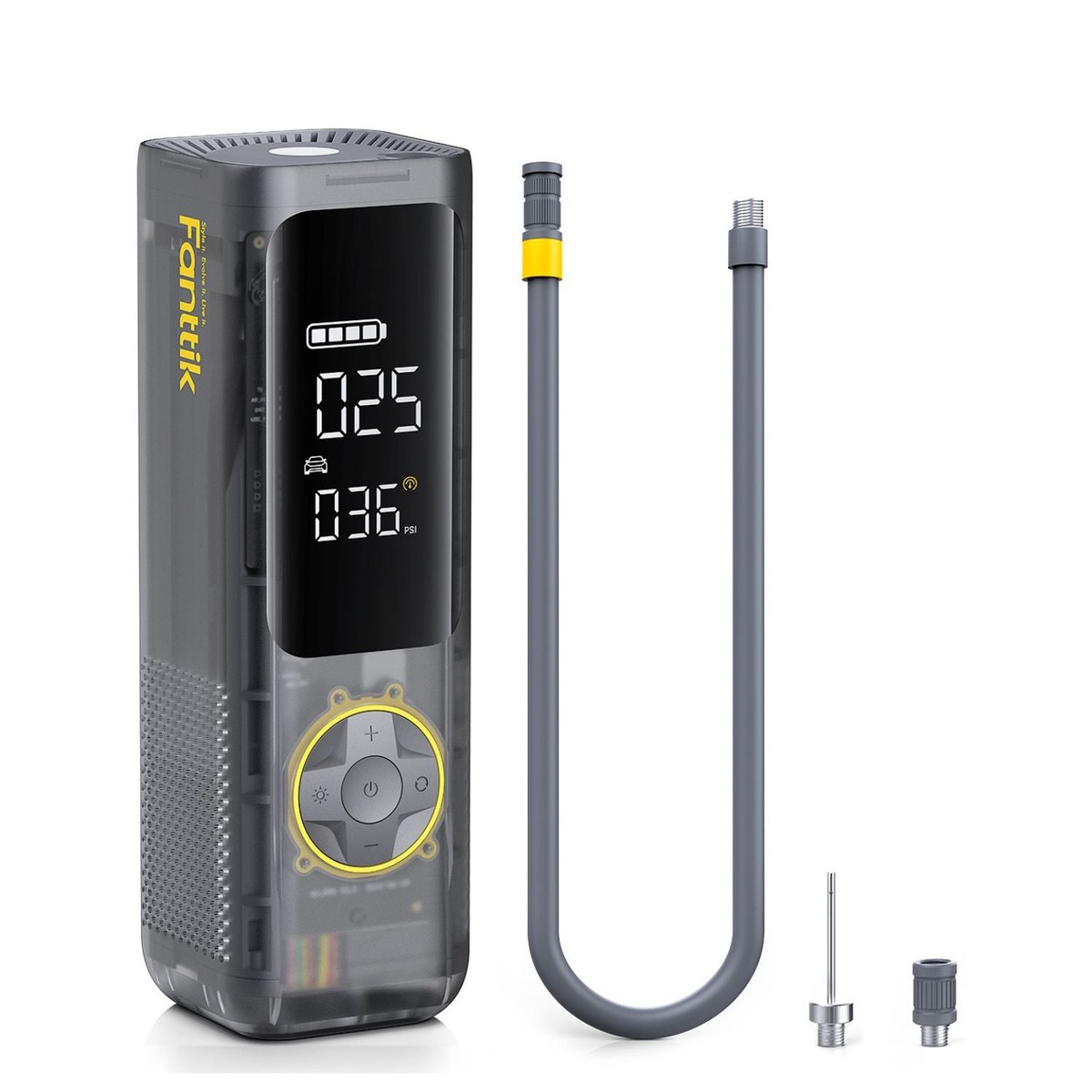 Gray translucent Fanttik X8 APEX tire inflator standing on a white background, internal components visible through its smoke-colored shell, a tall dark screen reading 025 and 036 PSI above a round control pad with a yellow ring, a gray air hose in a U shape standing at its right with a yellow collar at the top, and a ball needle and screw-on adapter in front