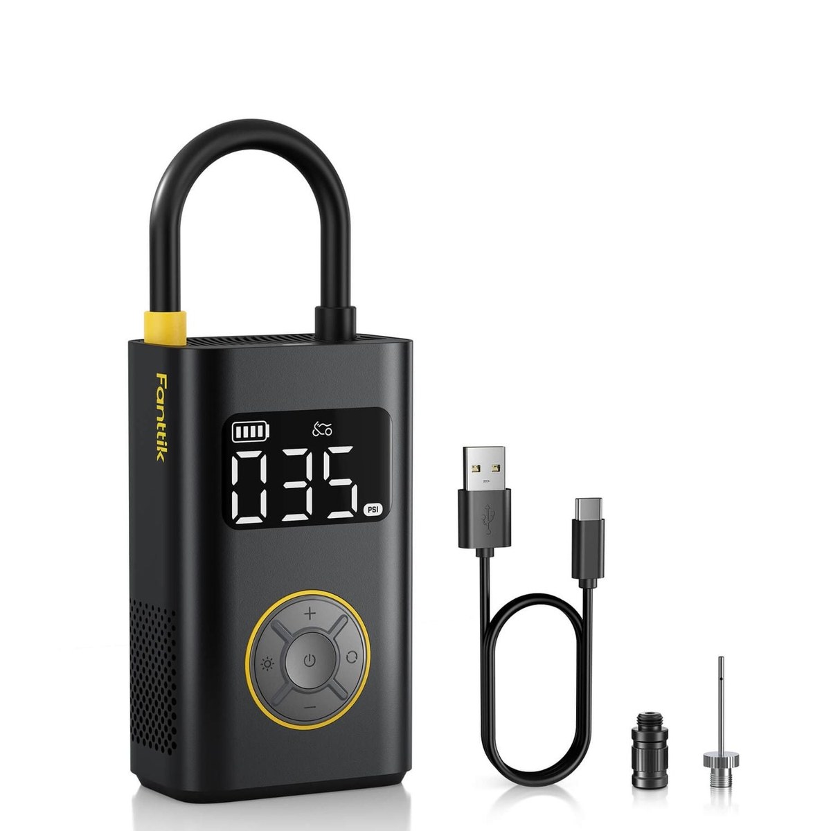 Black Fanttik X9 Pro tire inflator at an angle on a white background, a black carry-hoop rising from the top with a yellow collar at its left base, a screen showing 035 PSI beside a battery icon and a bicycle icon, a round control pad with a yellow ring below, and a USB cable with two screw-on valve adapters to its right