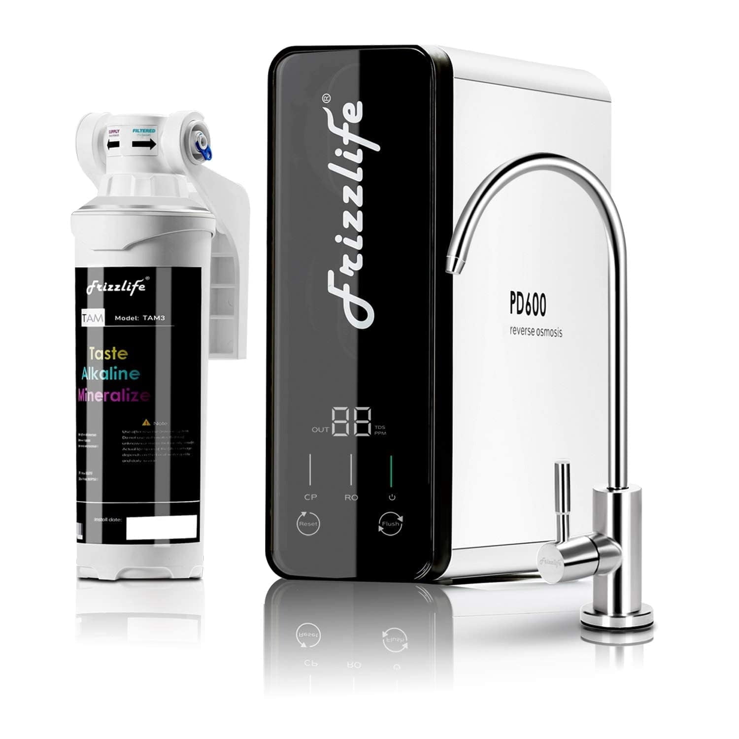 Frizzlife PD600-TAM3 tankless reverse osmosis system with alkaline cartridge and faucet