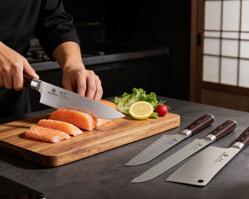 A Japanese chef knife with a patterned steel blade and dark riveted handle lying diagonally against a dark background, with iMarku branding printed on the image