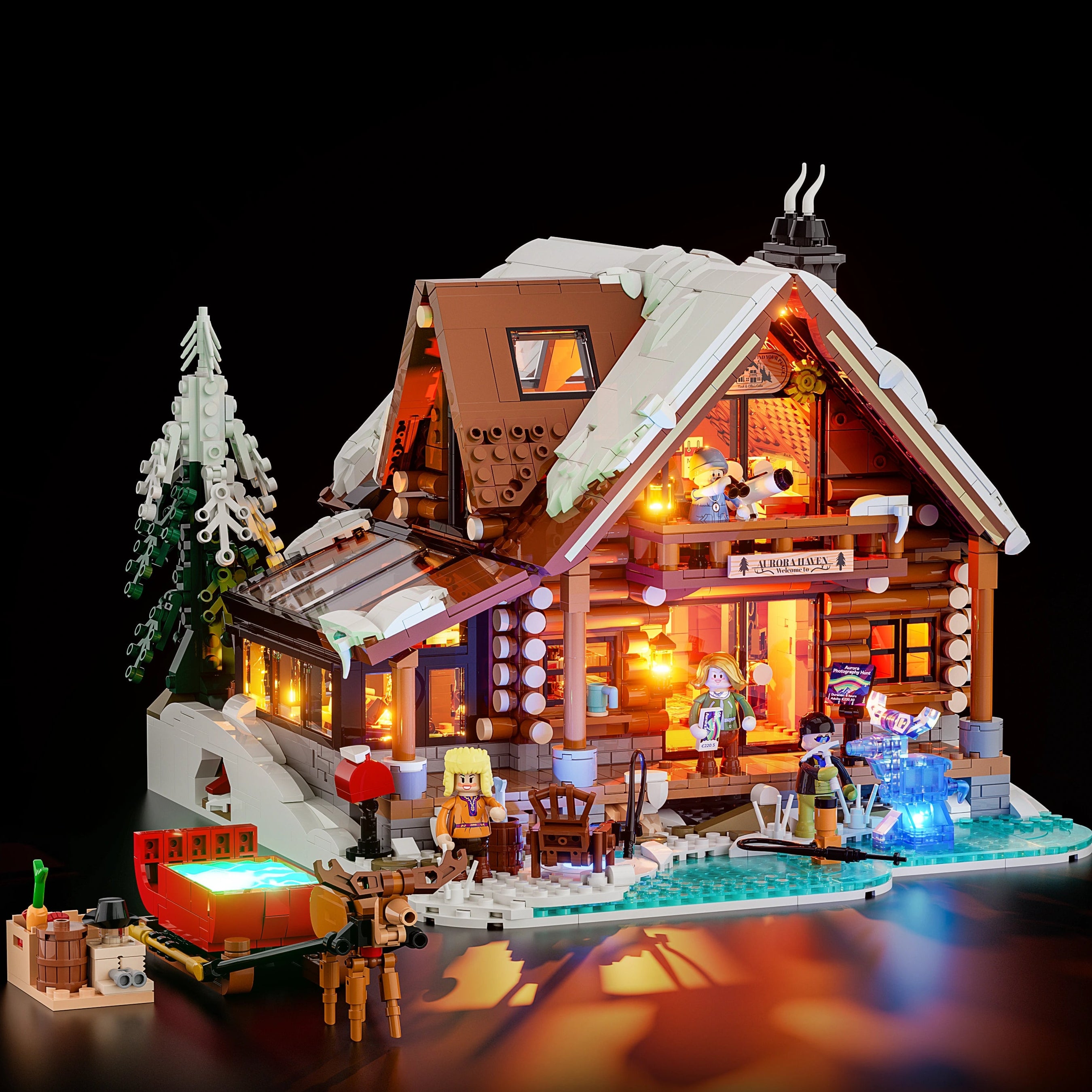 Lumibricks Aurora Cabin L9090 brick-built snowy cabin with an aurora viewing house and minifigures