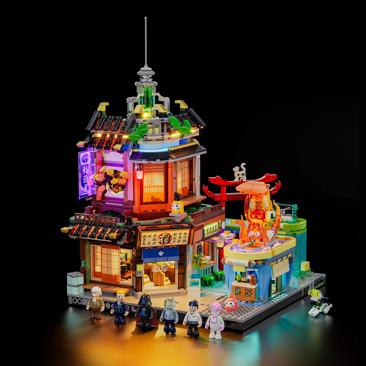 Lumibricks Izakaya F9073 brick-built Japanese tavern scene with three lit storefronts and minifigures