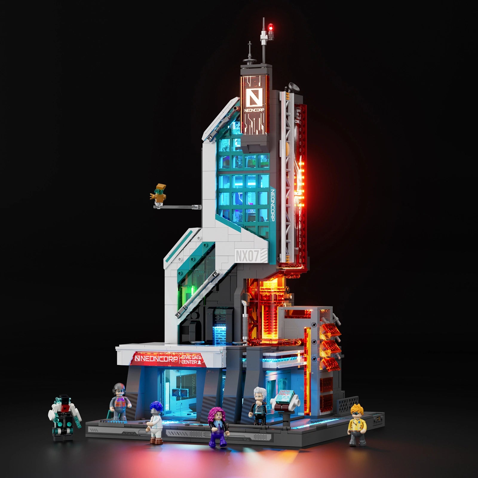 Lumibricks Neon Tech Tower 17011 brick-built cyberpunk tower glowing blue and orange on a black studio background