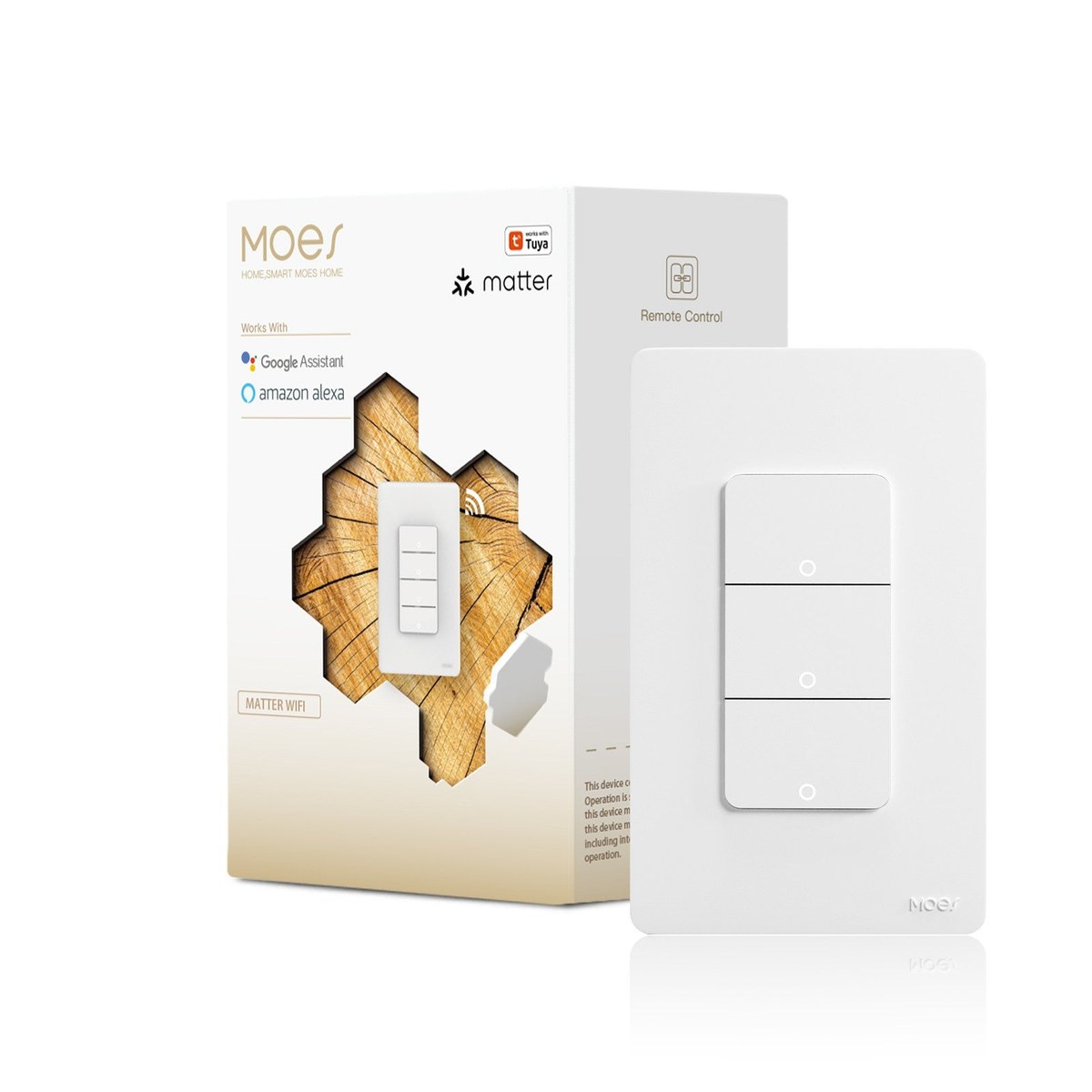 A MOES Matter smart switch retail box standing beside its white US wall panel on a white background, the box printed with Matter, Google Assistant and Amazon Alexa badges and the panel showing three stacked rocker sections each with a small round indicator dot