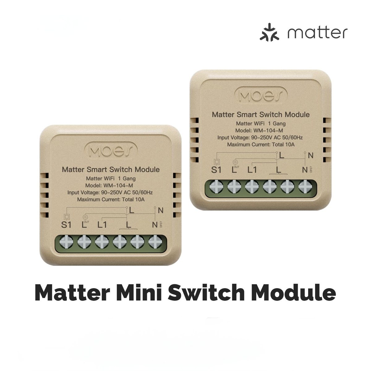 Two beige MOES Matter Mini smart switch relay modules shown with their wiring terminals facing forward, labeled S1, L, L1, L2 and N, with the product name printed below