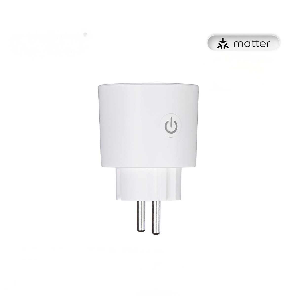 A white MOES Matter smart plug with two round EU pins and a single power button on its side, photographed on a white background with a Matter logo above