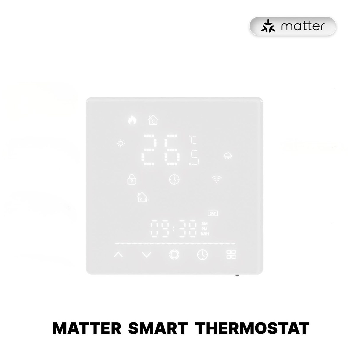 A white MOES Matter smart thermostat with a square glass front showing 26.5 degrees in white digits, a clock reading 09:38 below, and a row of touch controls along the bottom edge