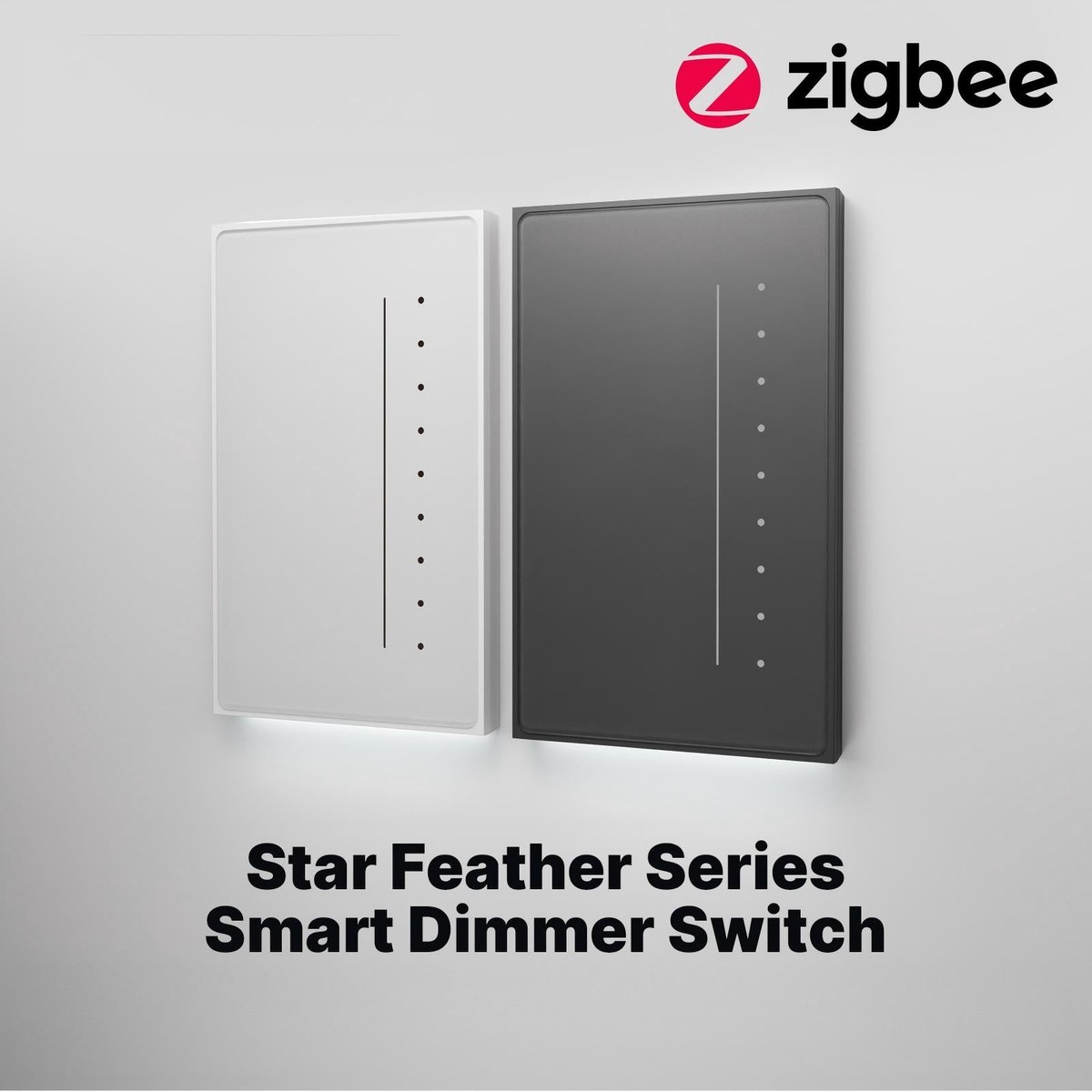 Two MOES Star Feather Series smart dimmer switches, one white and one black, standing side by side on a light background, with a Zigbee logo above and a caption reading Star Feather Series Smart Dimmer Switch