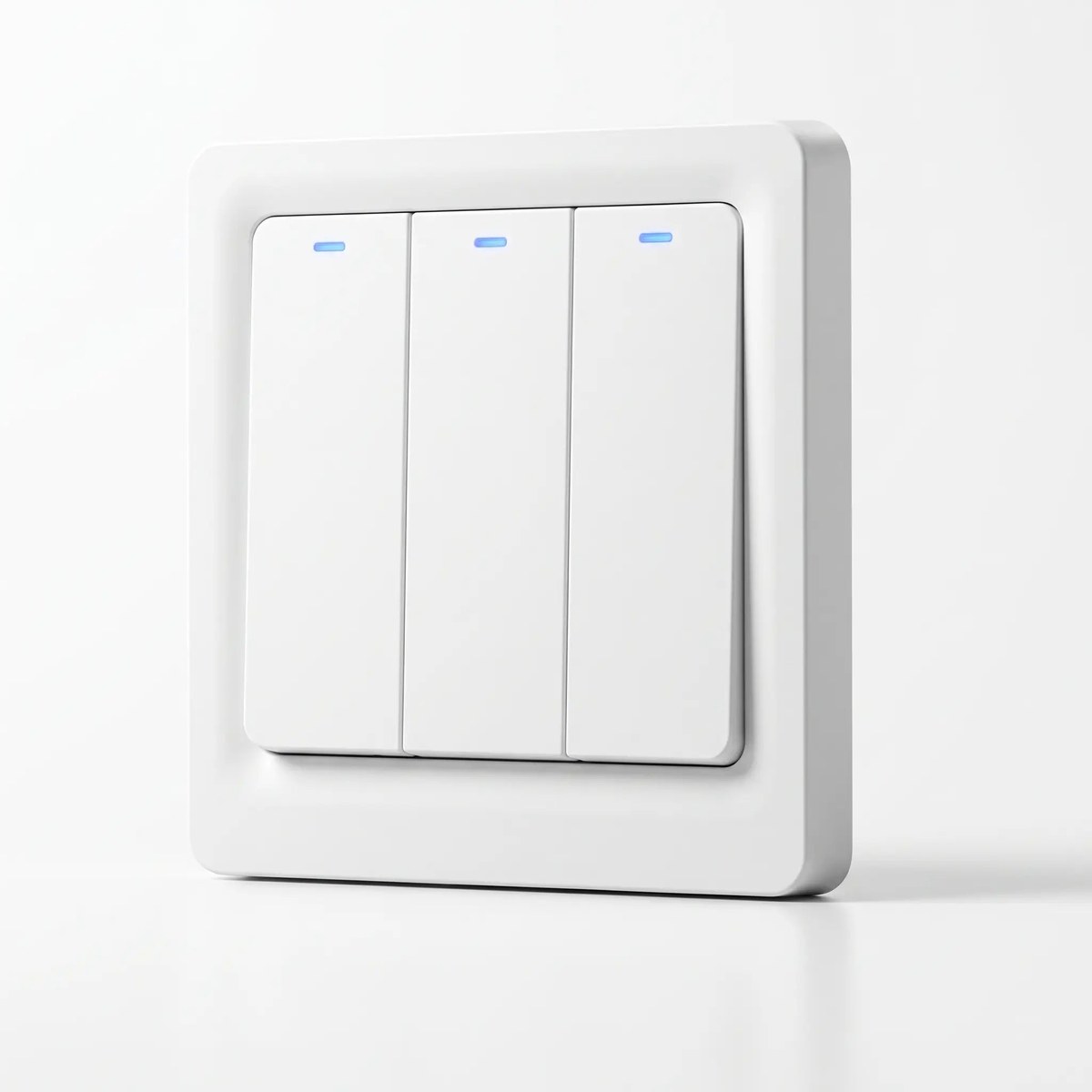 A white MOES Zigbee smart light switch in the square EU wall-box format, with three rocker sections and small blue indicator lights, photographed from slightly above on a white background
