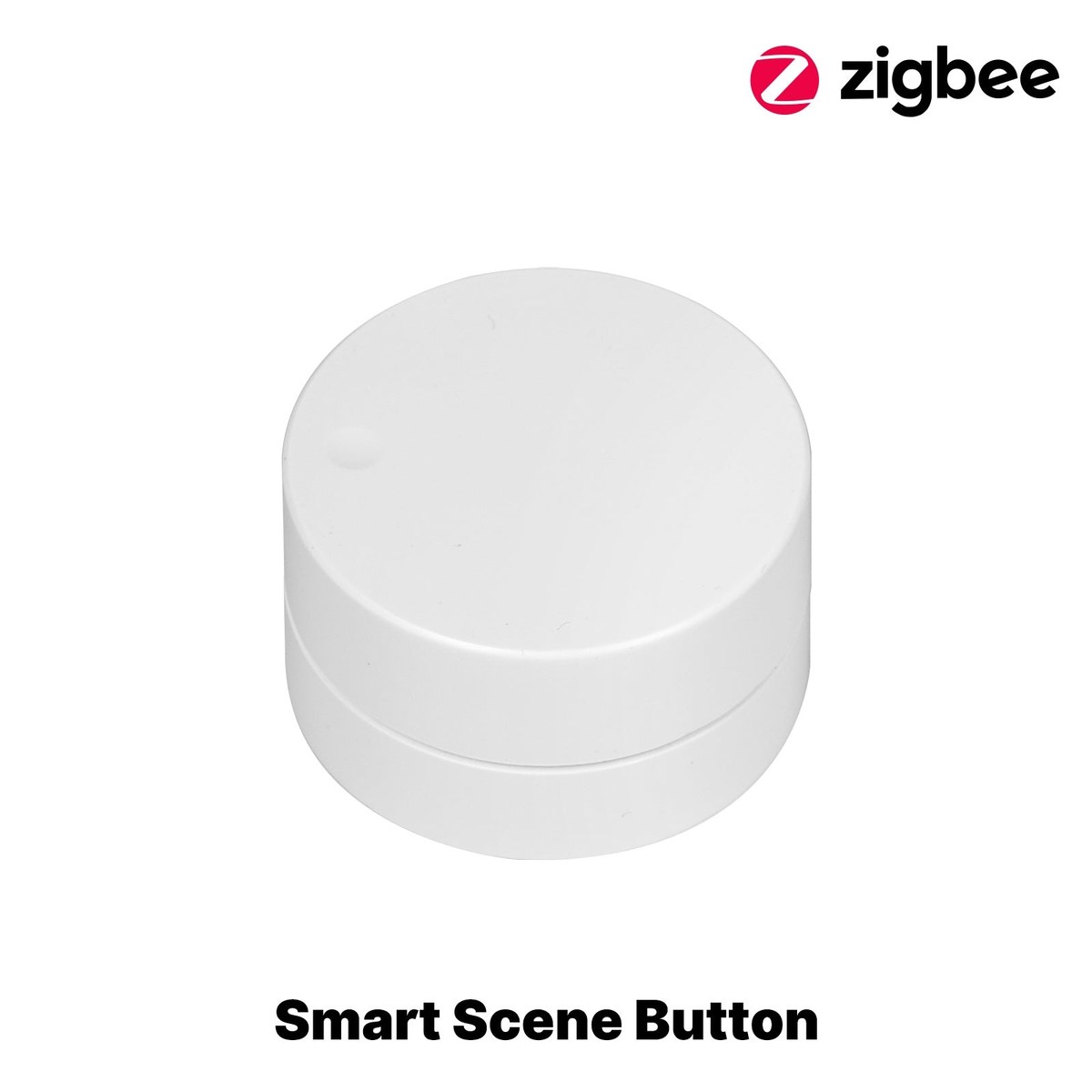 A round white MOES Zigbee smart scene button, a puck-shaped wireless controller with one raised circular button on top, photographed on a white background with a Zigbee logo above
