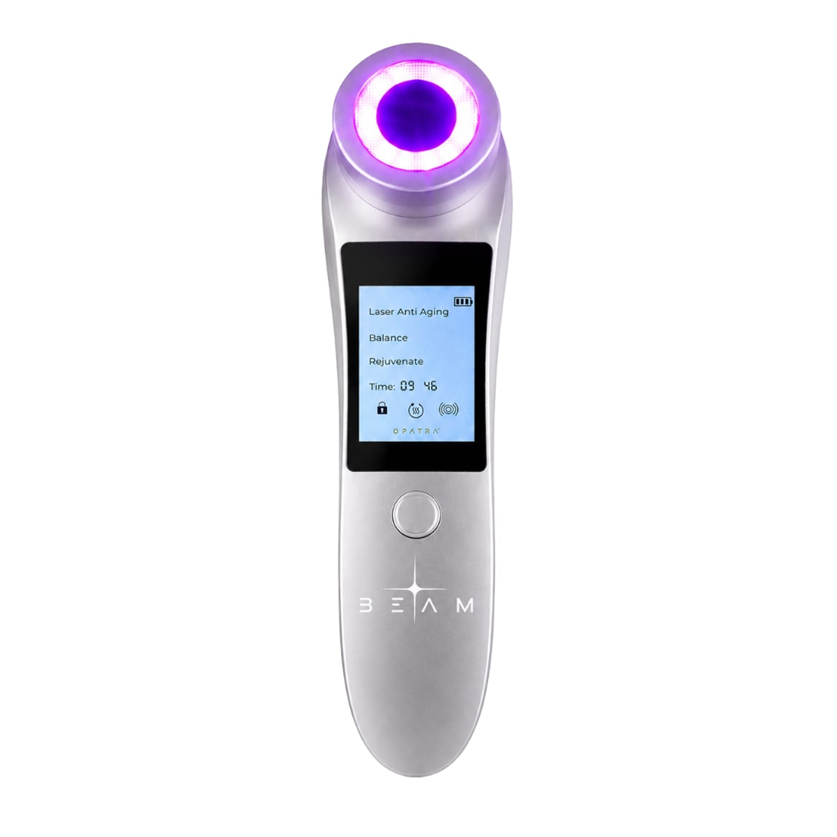A slim silver and white OPATRA BEAM laser facial device standing upright against a white background, its rounded treatment head lit purple above a small color screen, the word BEAM printed on the body