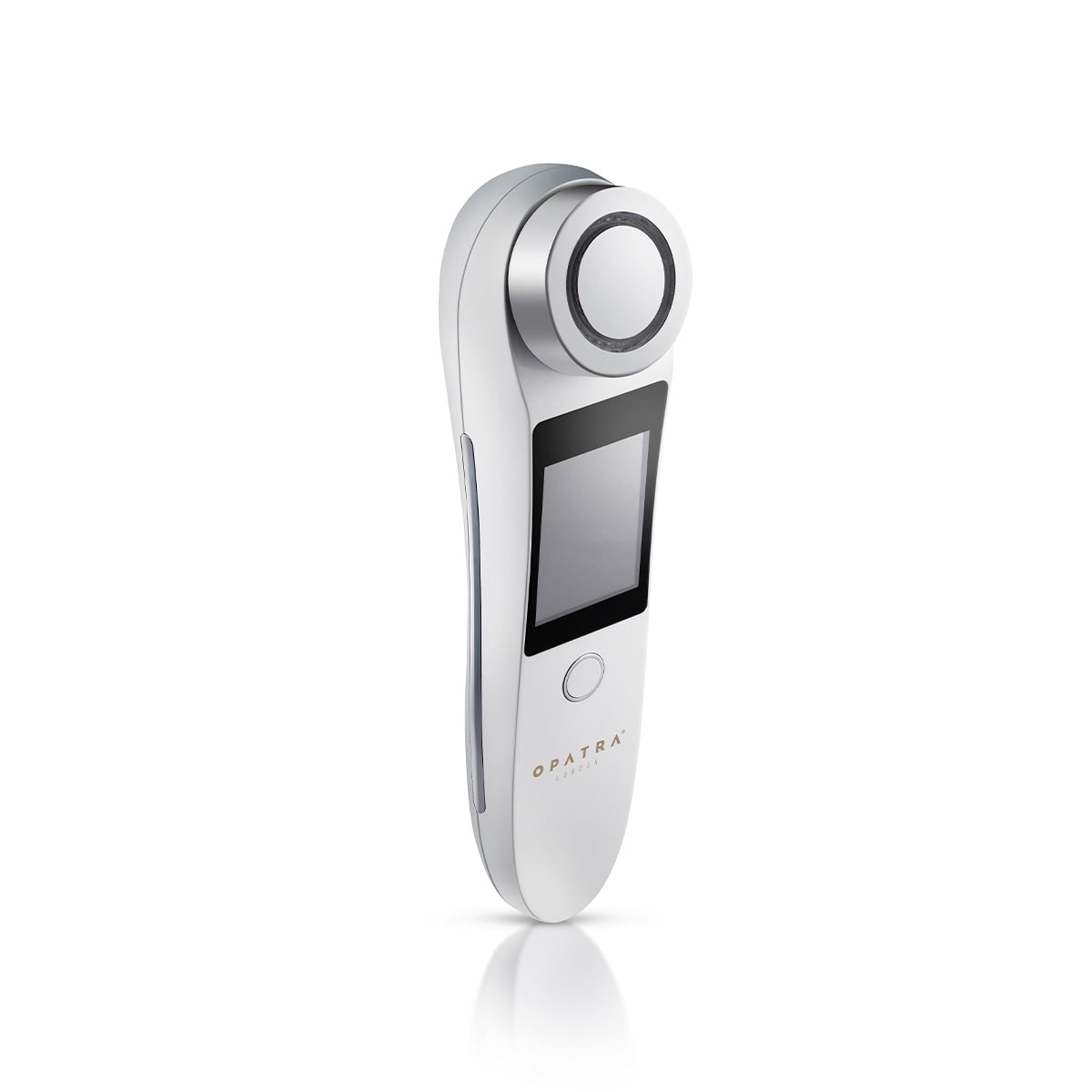 A silver and white OPATRA Dermisonic II hand-held device standing tilted on a white background, its large round concentric-ring treatment head facing upward with a small dark screen below