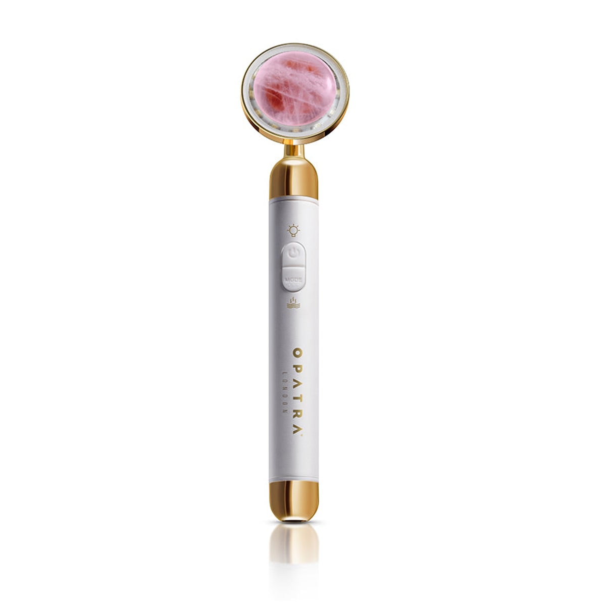 An OPATRA LumiQuartz wand standing on a white background, its pink rose-quartz head set in a gold-rimmed collar above a pearl-white body with gold bands