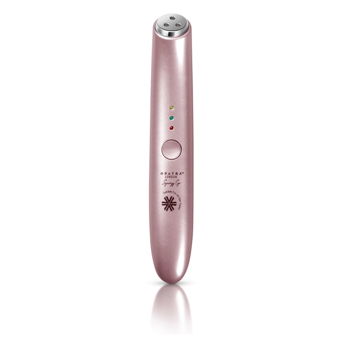 A slim rose-gold OPATRA Synergy Eye wand standing on a white background with a small domed metal tip at the top, three indicator lights and a round button on the body