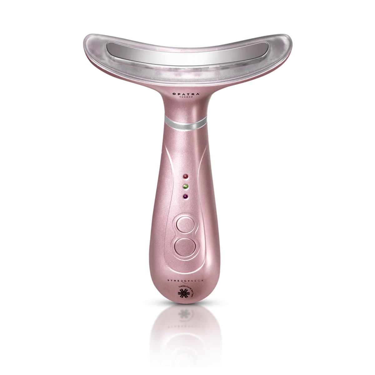 A rose-gold OPATRA Synergy Neck device on a white background, its large curved winged metal head shaped to hug the neck, two round buttons on the short body