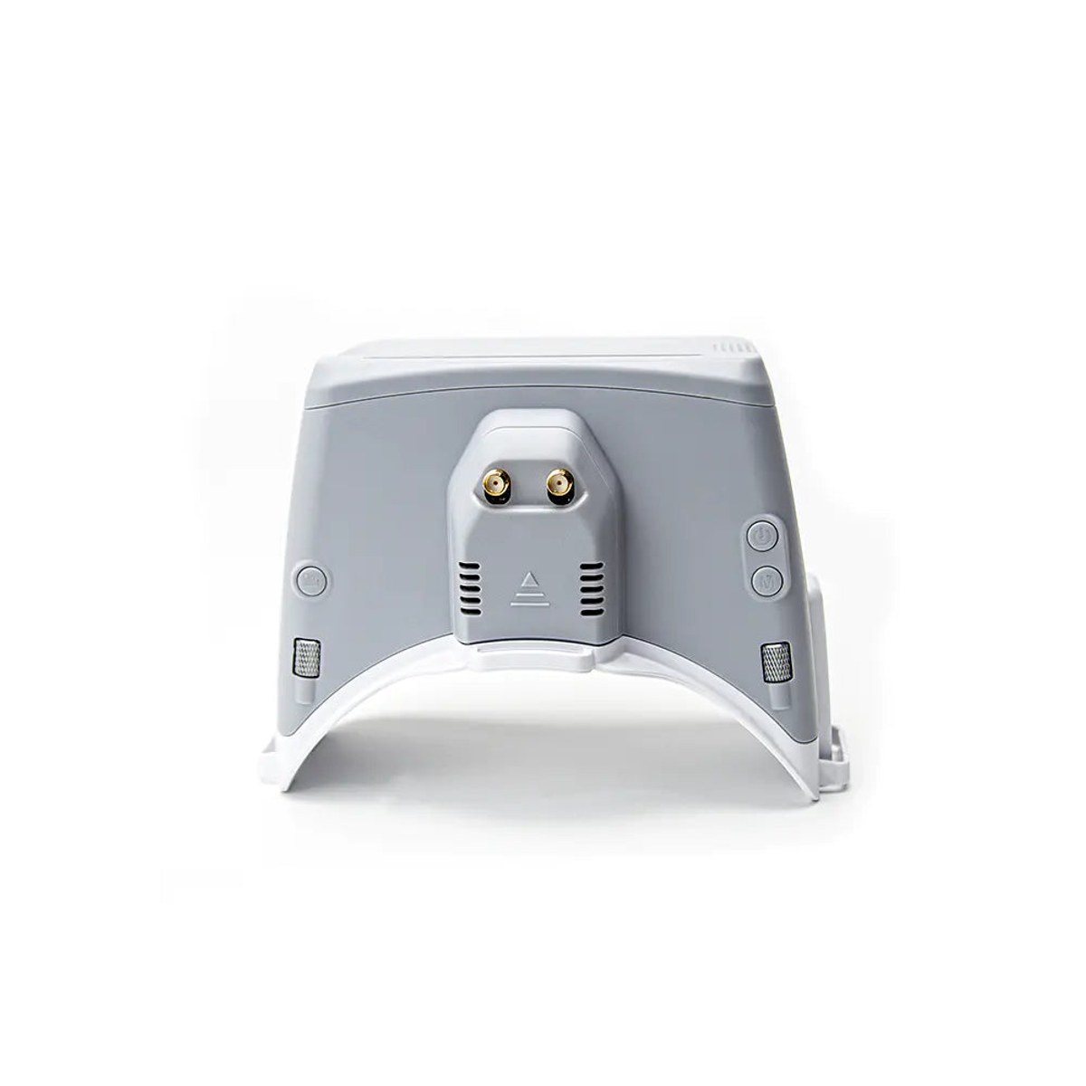 Light gray SKYZONE Cobra SD box-style FPV goggle seen from the front on a white background, a receiver module with two gold SMA connectors standing in the top center above a triangle warning mark, a round button on each side face and two small vents at the lower corners
