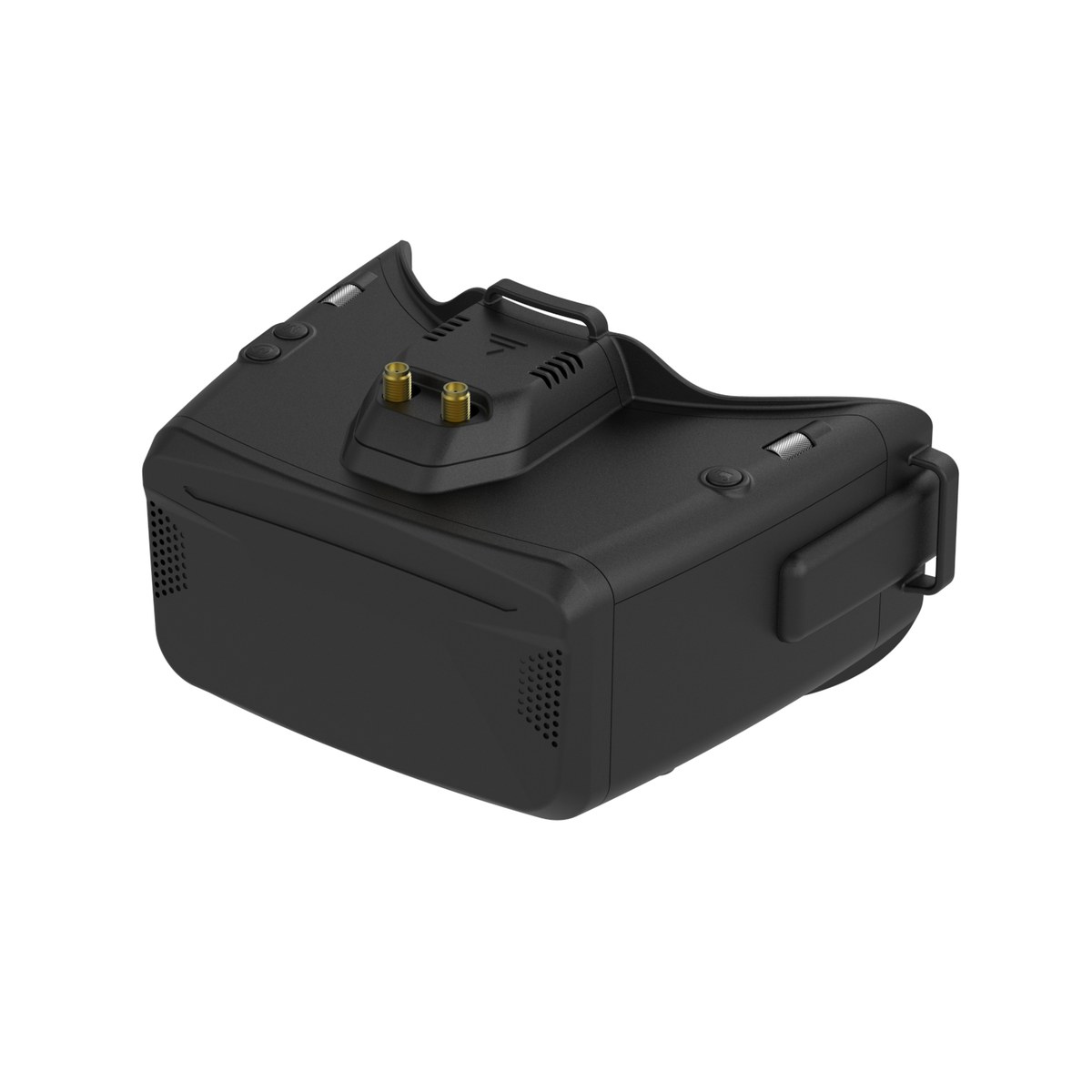Black SKYZONE Cobra X V4 box-style FPV goggle at an angle on a white background, a receiver module with two gold SMA connectors standing in the top bay, a textured faceplate below and a strap bracket on the right side