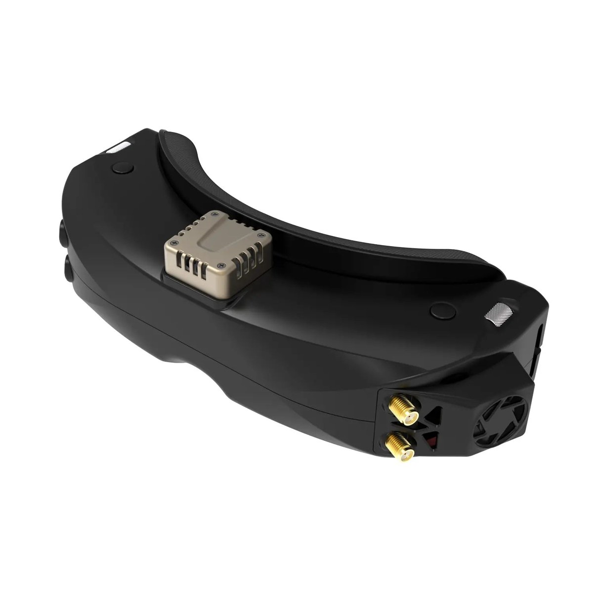 Black SKYZONE SKY04O Pro FPV goggles at an angle on a white background, a silver SteadyView receiver module seated in the top bay with its vents facing forward, two gold SMA antenna connectors at the lower right and a fan grille beside them