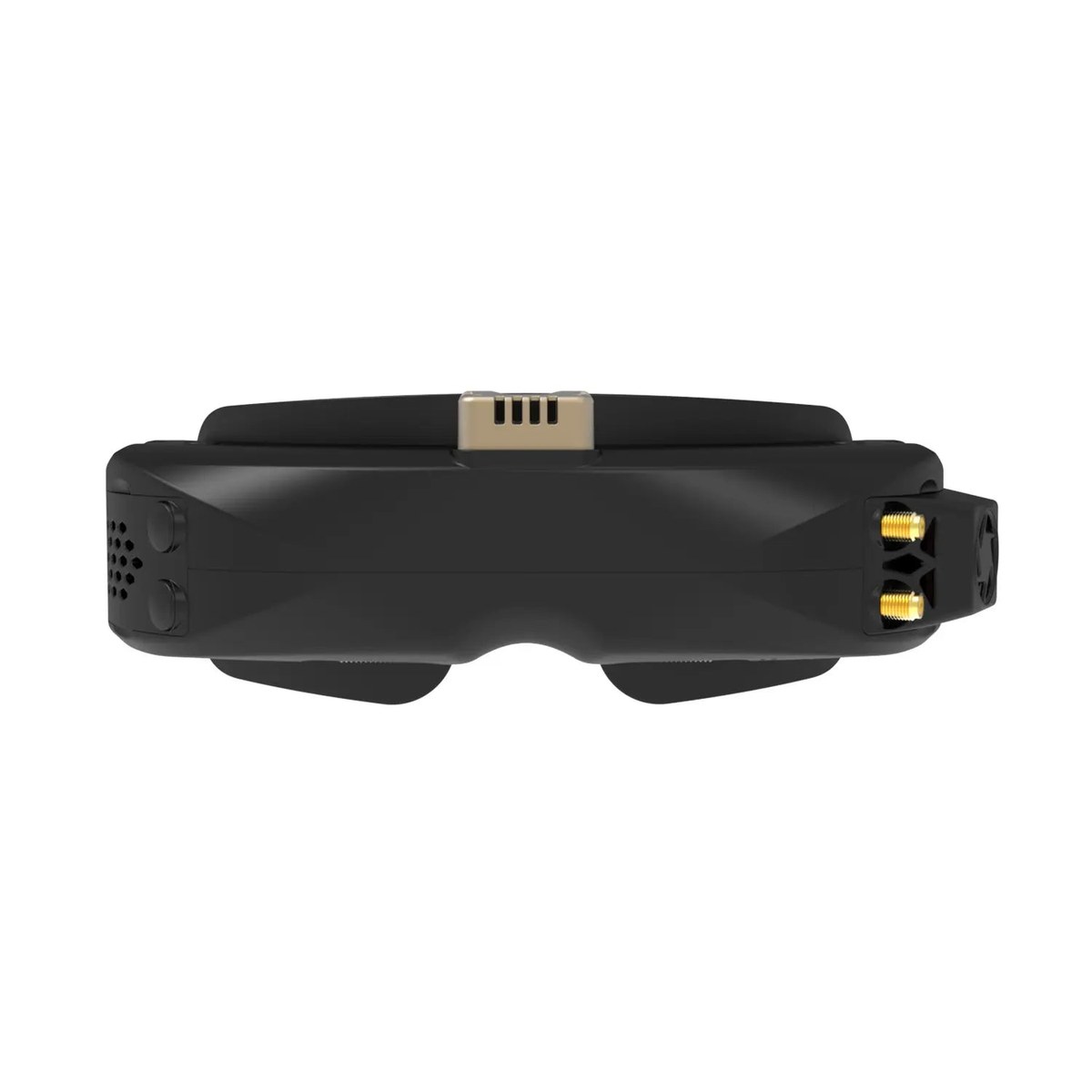 Black SKYZONE SKY04X Pro FPV goggles seen from the front on a white background, the top receiver module, a champagne-metal module with four ventilation slots, seated in the center, two gold SMA antenna connectors on the right side, and two round buttons on the left face