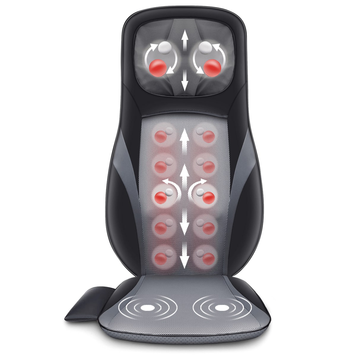 A gray and black Snailax SL-234 chair pad with red massage rollers running down the full backrest and a vibration seat section, shown upright on a white background