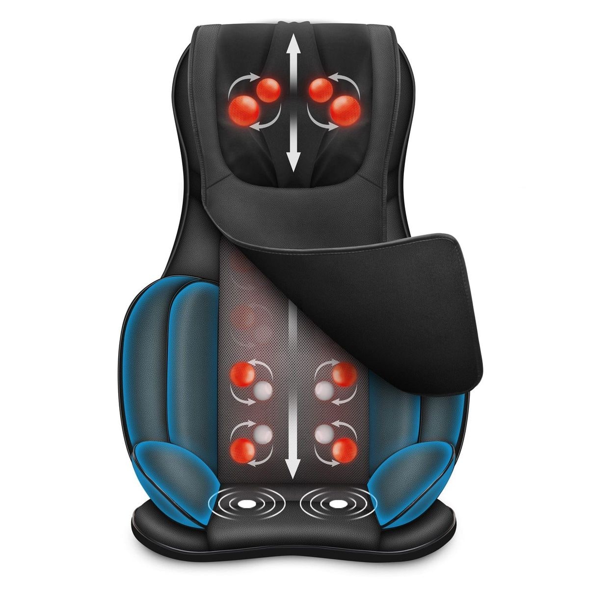 A black Snailax SL-236 full-body chair pad with a blue air-compression bolster on the left side, red massage rollers across the backrest and seat, and a folded flap at the top, on a white background